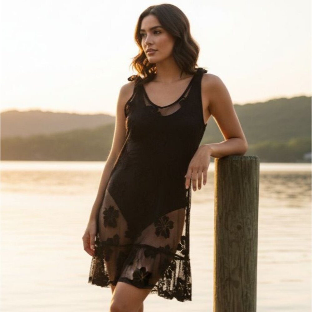 Lace Miken M Cover-Up Swim Dress Tie-Shoulder Ruffle Swimwear Bathing Suit Cover